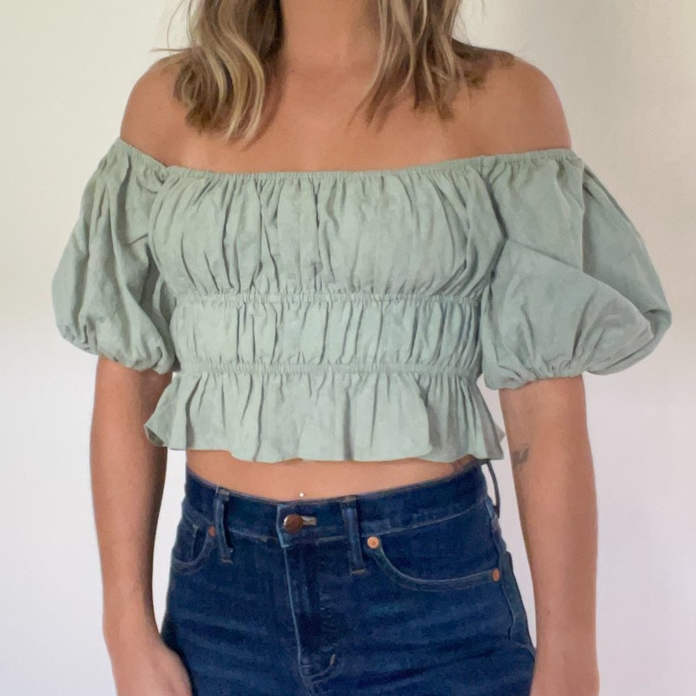 Privacy Please Leah Peasant Top in Sage Green